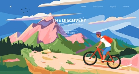 website banner discovery theme. cycle sport banner, slider design. adventure of a young man in the mountains, travel on bike. mountain bike races. vector illustration sport, exploration, tourism.