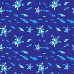 seamless pattern of sea turtles and school of fish with turquoise texture on a dark blue background. modern abstract design for packaging, paper, cover, fabric