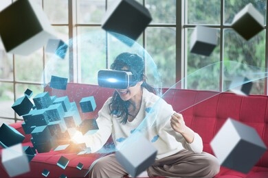 concept future innovation,technology invention,young asian woman use vr headset opens up modern experience and have fun,with virtual world full floating cube,learning artificial intelligence or ai 
