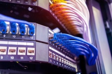 network cable connecting on network core switch close up