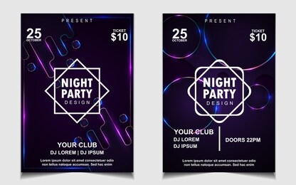 night dance party music poster flyer layout design template background with neon light and dynamic style. colorful electro style vector for concert disco, club party, event invitation, cover festival