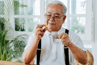 senior asian man with cup of water and pill taking remedy in cozy room at home. old male taking medicine