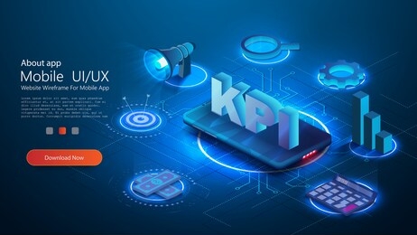 kpi business performance strategy and analysis. provides the main points of the kpi can use for web banner, infographics. flat 3d isometric vector illustration isolated on blue background 