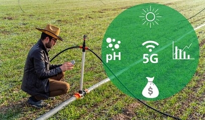 agricultural technology and organic agriculture concept. agritech icons and messages on farmer holding smart phone in vegetable filed.