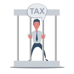 tax concept. business failure guilty concept. young man behind the bars in prison holding bars isolated on white. sad businessman in prison behind the bars. flat vector cartoon illustration.