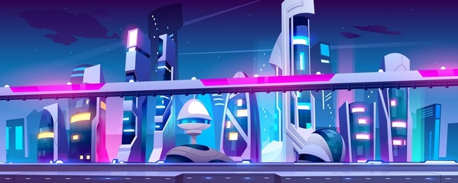 future city, night town with skyscrapers and overpass with neon lights. vector cartoon illustration of cityscape with futuristic buildings and road. cyberpunk urban landscape