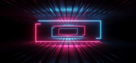 sci fi neon frame rectangle laser purple red blue glowing textured floor reflective concrete metallic cyber synth cyberpunk virtual reality corridor garage warehouse dark night background 3d rendering