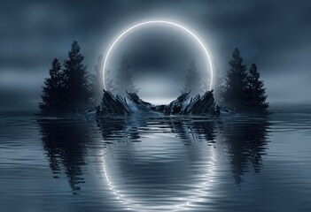 dark cold futuristic forest. dramatic scene with trees, big moon, moonlight. smoke, shadow, smog, snow. night forest landscape reflection in the river, sea, ocean. 3d illustration