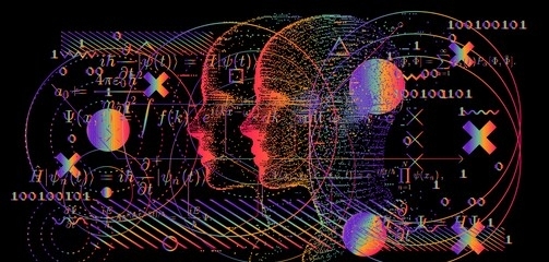 artificial intelligence and virtual reality concept. 3d human head made of pixels in neon holographic vivid colors on dark background.