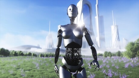 female robot walks grass field . sci fi city background. concept of future. 3d rendering.