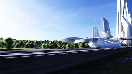 futuristic sci fi monorail train. concept of future. futuristic city background. grass field. 3d rendering.