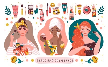 three diverse beautiful girls applying makeup with a border of assorted cosmetics and toiletries in a panorama banner, colored vector illustration