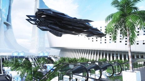 sci fi railway futuristic station. future concept. aerial view. 3d rendering