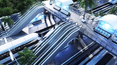 sci fi railway futuristic station. future concept. aerial view. 3d rendering