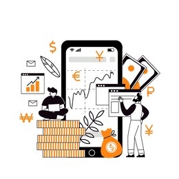 the concept of investment and income multiplying. buying shares and funds. investor strategy, financing concept. the characters analyze the stock market with the help of an investment broker.