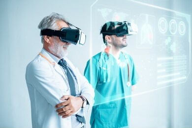 futuristic medical diagnose through virtual reality glasses simulator and screen interactive, doctor team disease diagnosis patient health on 3d vr headset in hospital surgical room. medicine doctors 