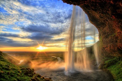 seljalandfoss waterfall at sunset, iceland