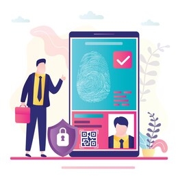 fingerprint identification. big mobile phone, businessman puts finger to screen. smartphone application for security control. user profile with data. flat vector illustration