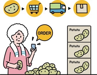 a grandmother potato farmer receives an online order and ships a box. hand drawn style vector design illustrations. 