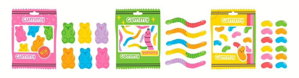 colorful fruity and tasty sweets. various gummy and jelly candies. bears, worms, beans and packs. hand drawn vector set. trendy illustrations. cartoon style. all elements are isolated