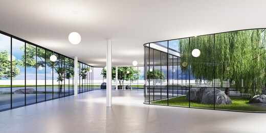 spacious bright spatial rooms with lots of greenery behind the glass. public premises for office, gallery, exhibition. 3d rendering.