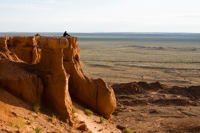 sandstone formations of bayanzag (flaming cliffs) is archeological dinosaur dig site in south gobi desert, mongolia
