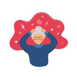 old woman with headache. flat modern trendy style.  illustration character icon. isolated on white background. lady having migraine. stress, worry, vertigo, alzheimer concept.