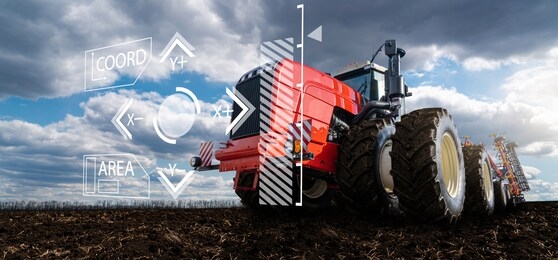 autonomous remote controlled agricultural tractor on the field. digital transformation in agriculture