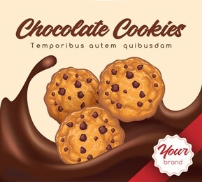realistic chocolate cookies. healthy breakfast, brand banner for packaging biscuit, falling of delicious round cookie in chocolate splash on design background