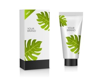 3d cosmetic banner product package template mockup. summer tropical cosmetic packaging