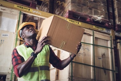 african american black man carry heavy box on shoulder in warehouse production. logistics service business, shipping delivery and employee people concept with copy space