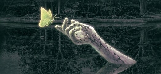 surreal art, broken hand with butterfly in the river, nature artwork, dream life spiritual hope and freedom concept ,painting illustration, dreamlike