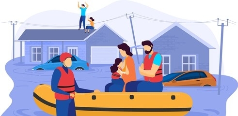 tsunami consequences, rescue male female character evacuation save inflatable boat people victim flood isolated on white, cartoon vector illustration. natural disasters, person affected high water.
