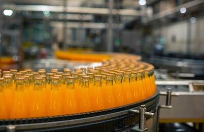beverage factory interior. conveyor flowing with bottles for juice or water.