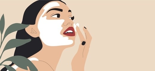 beautiful young woman applying cosmetic product. women face and green plant. banner design.