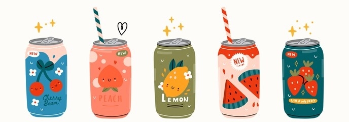 various tasty sodas. hand drawn vector set of soft drinks in aluminum cans. carbonated water with different fruit flavors. kawaii japanese style. trendy illustration. all elements are isolated