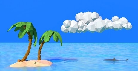 low poly computer generated rendered 3d illustration of a tropical island lagoon with palm trees