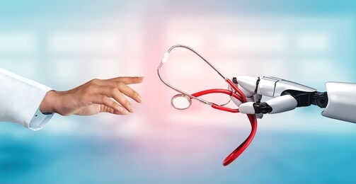 3d rendering medical artificial intelligence robot working in future hospital. futuristic prosthetic healthcare for patient and biomedical technology concept.