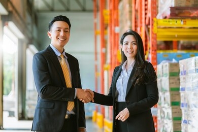 successful business dealing agreement handshake of asian businessman and woman happiness contract achievement satisfaction together with warehosue factory background