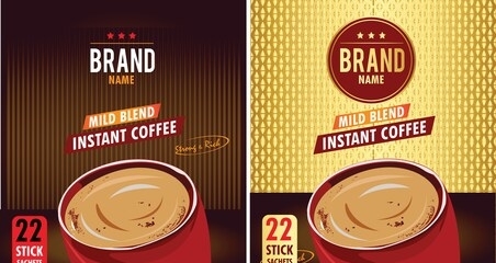 instant coffee . vector realistic illustration of instant coffee packaging bag design  mockup and cup of coffee. classic  banner, poster design template.concept of branding,packaging design