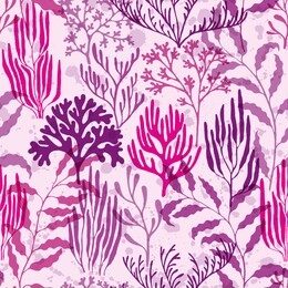 coral polyps seamless pattern. kelp laminaria seaweed algae background. exotic marine life pattern. australian staghorn and pillar corals branches. aquatic plants repeating vector background.