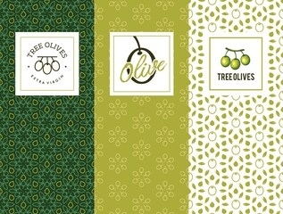 set of labels for olive oils with seamless pattern of olive oil and leaves