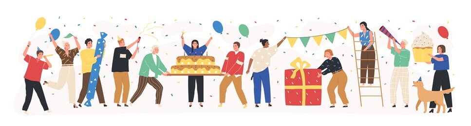 collection of joyful people celebrating holiday vector flat illustration. set of happy man and woman at birthday party with confetti, cake and gifts isolated on white. festive friends at event