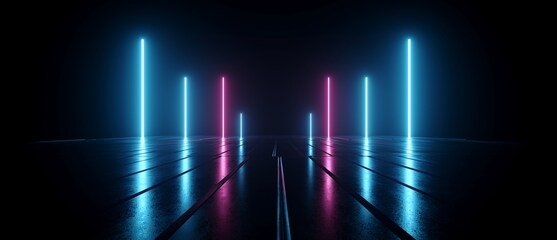 neon laser pillars lights glowing purple blue tiled metallic concrete reflective floor dark garage underground gate synth cyber virtual background retro modern 3d rendering illustration