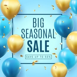 big seasonal final sale text, special offer blue banner celebrate background with gold foil and blue air balloons. realistic vector stock design for shop and sale banners, grand opening, party flyer.