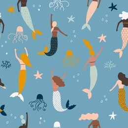 summer seamless pattern with mermaid under the sea - vector illustration