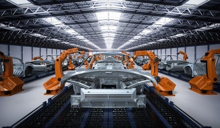 automation aumobile factory concept with 3d rendering robot assembly line in car factory