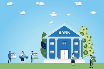 mortgage,vector illustration of man holding model house and woman holding the car with standing at the bank building for buying real estate or mortgage,finance and banking,property money investment