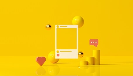 3d render social media with photo frame, like button and geometric shapes on yellow background illustration.