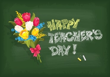 world teachers day. flat lay design with realistic, rubbed and dirty, green school chalkboard, bouquet of flowers and lettering happy teachers day which drawn by chalk. vector illustration.